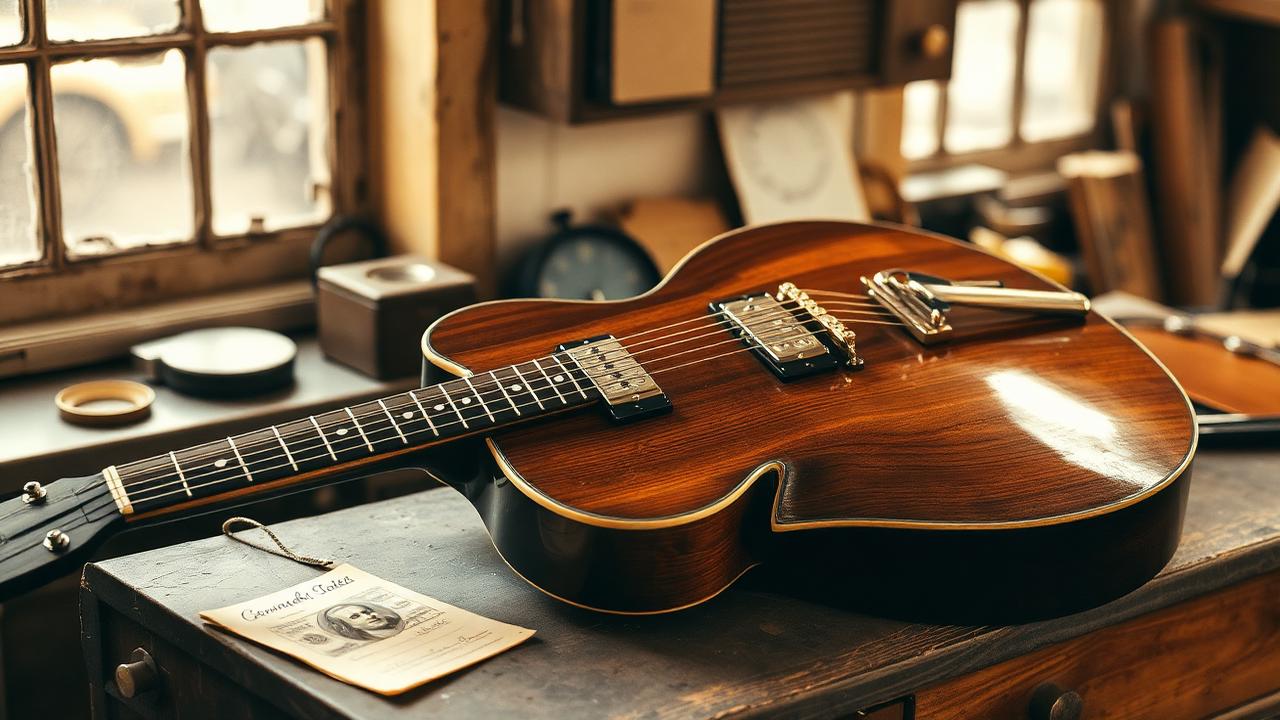 A used acoustic guitar and an electric guitar laid side by side on a workbench for inspection