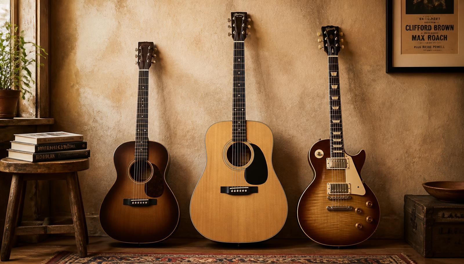A parlor acoustic, a dreadnought acoustic and an electric guitar lined up against a warm plaster wall