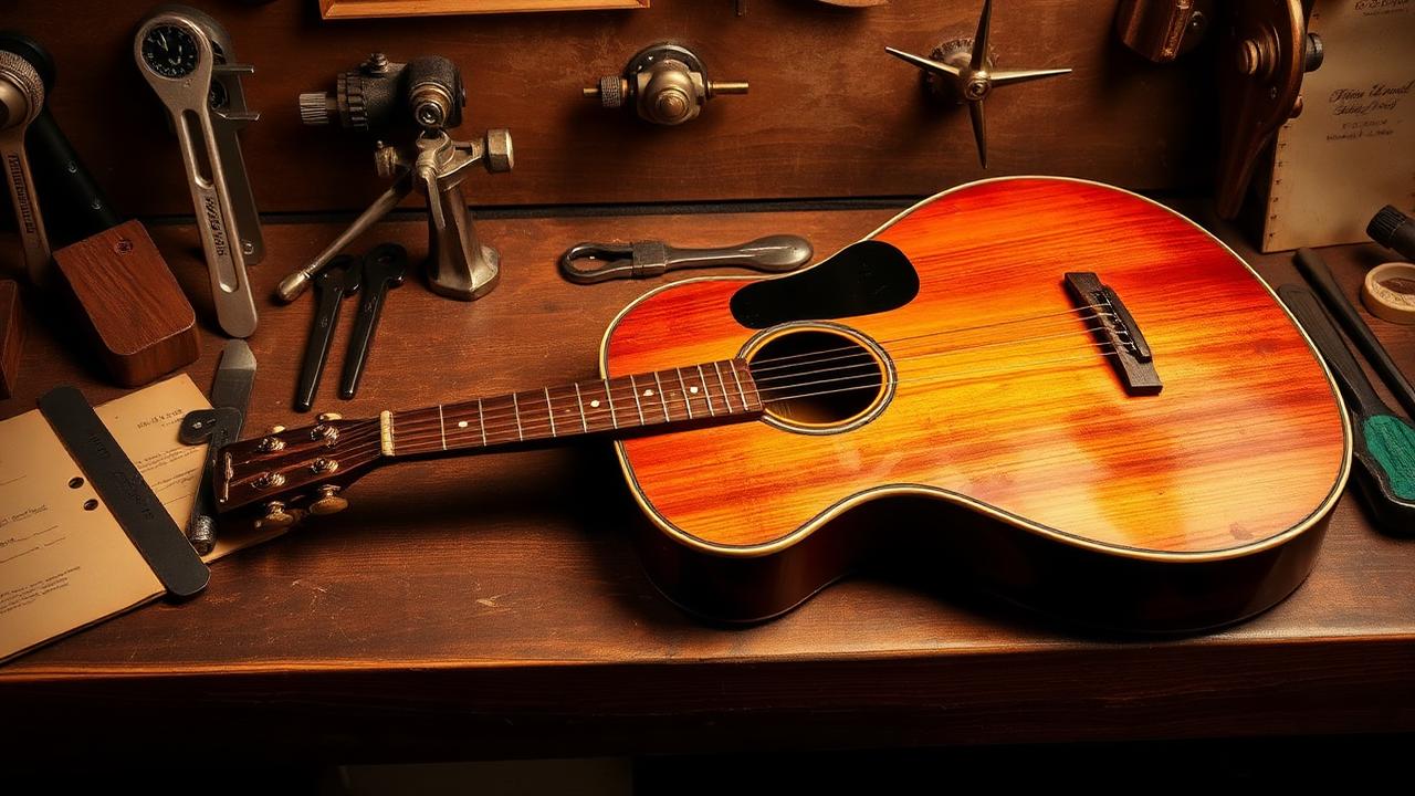 Close-up of a guitar neck on a workbench with feeler gauges and a truss rod wrench during a setup