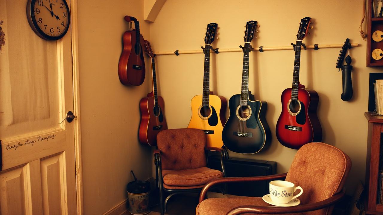 A small collection of acoustic and electric guitars leaning together in a home music room