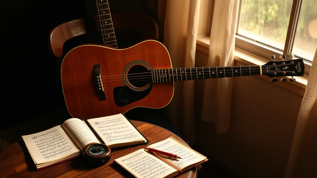 A guitar student's hand fretting a chord while a practice notebook sits open on a stand nearby