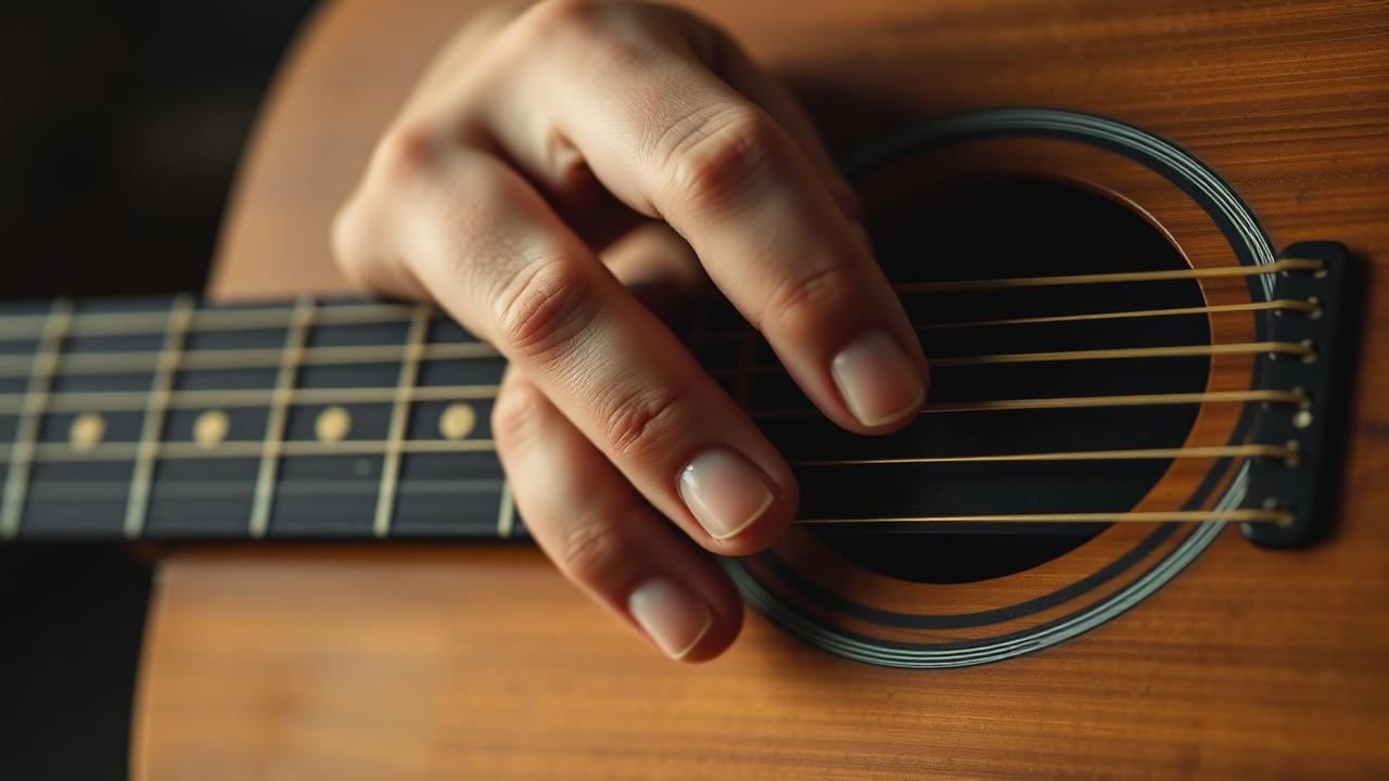 A guitarist's fretting hand forming a barre chord shape low on the neck