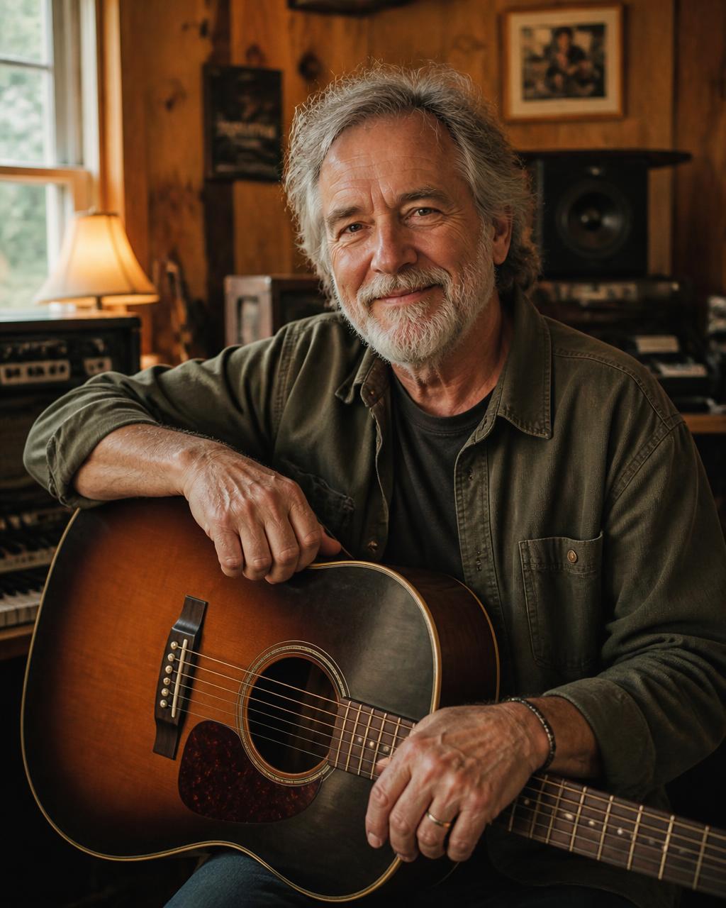 Bob Molton holding an acoustic guitar in his home studio