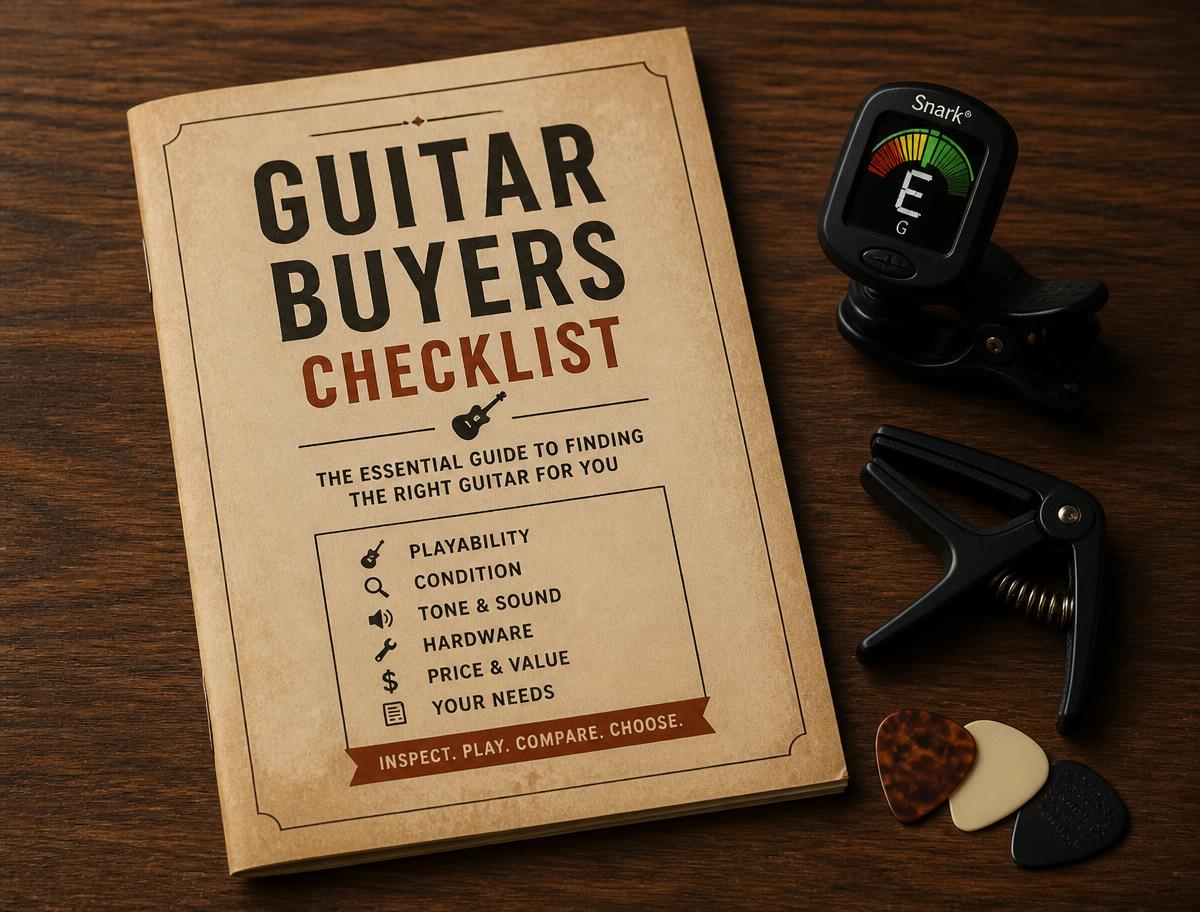 The printed 7-Point Guitar Buyer's Checklist on a walnut table with a tuner, capo and picks